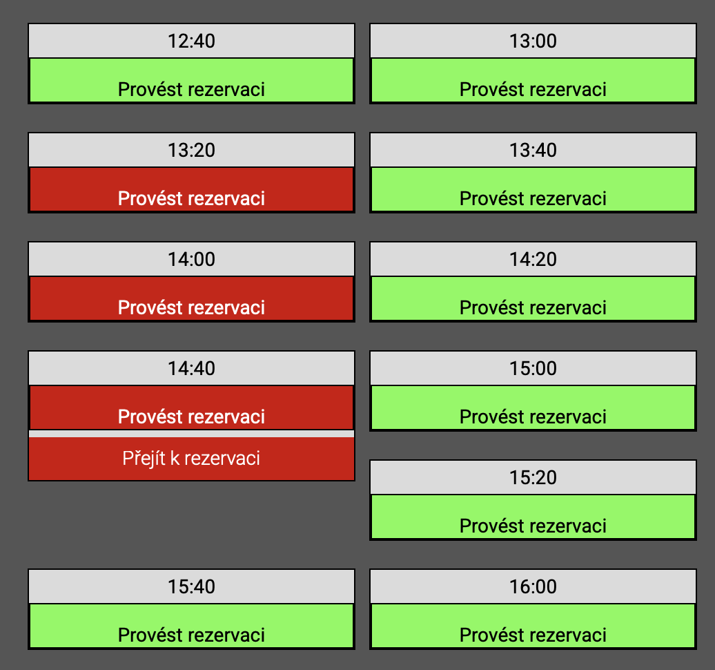 Ukázka výběru časů rezervace pro 3 hry
