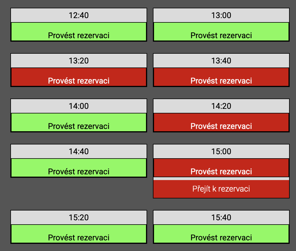 Ukázka výběru časů rezervace pro 4 hry