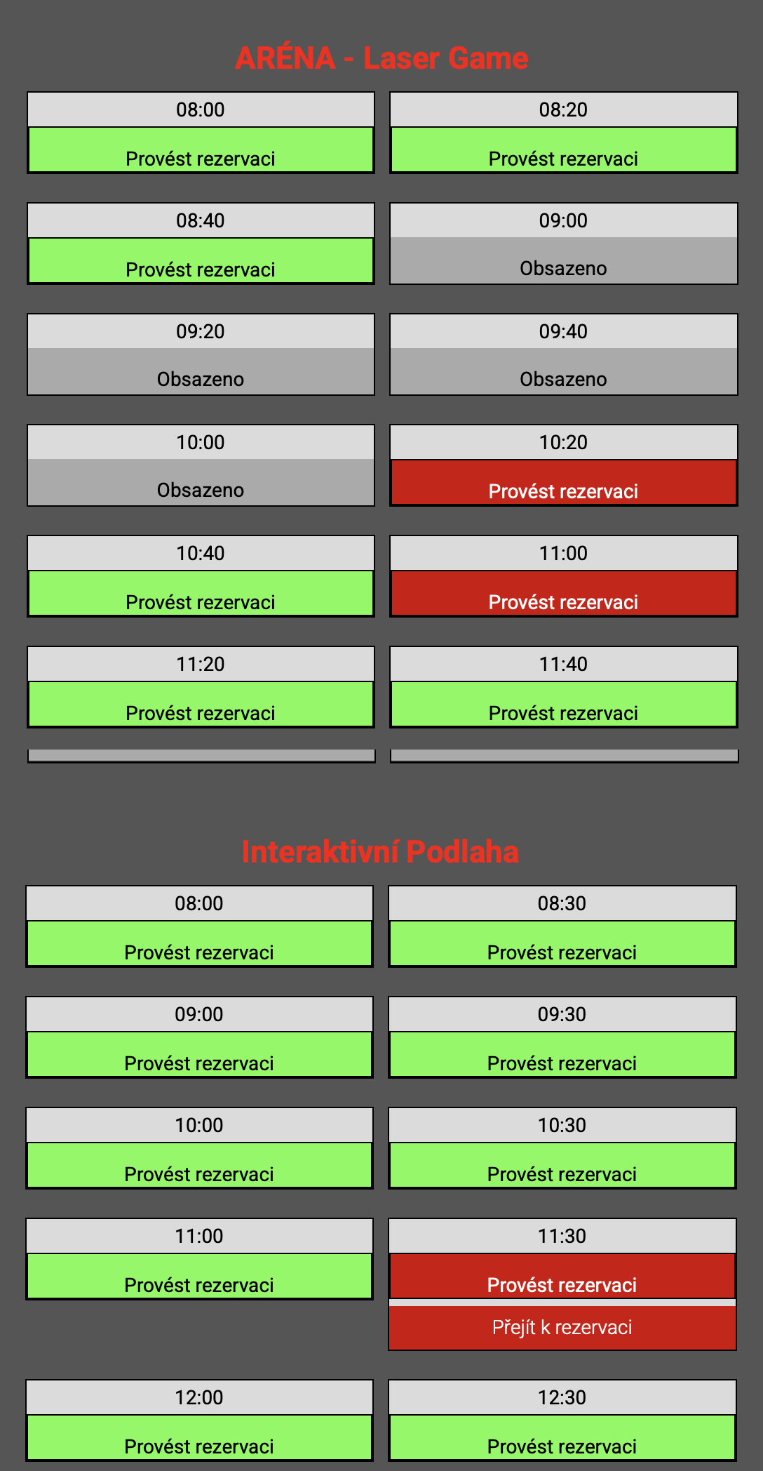 Ukázka výběru časů rezervace pro Balíček 5