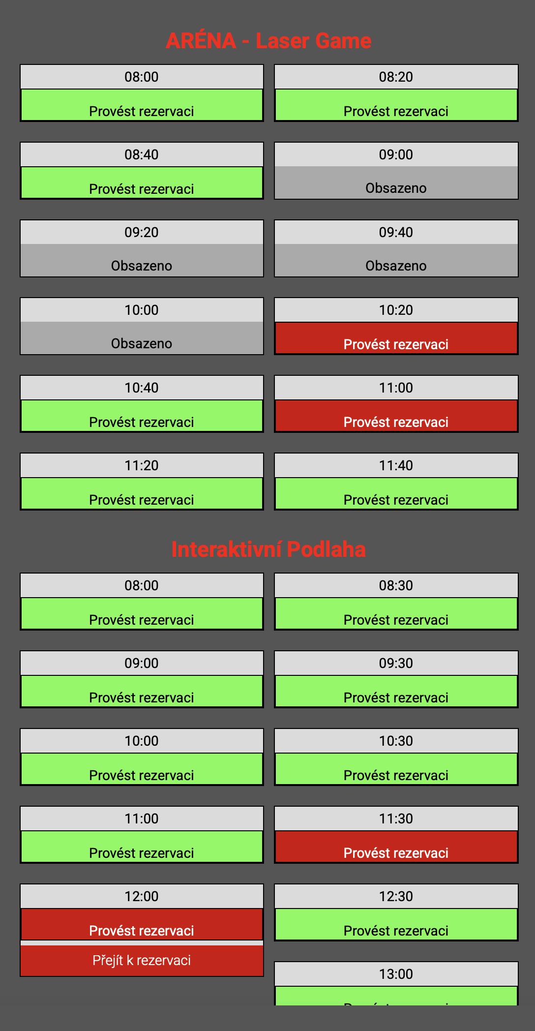 Ukázka výběru časů rezervace pro Balíček 6