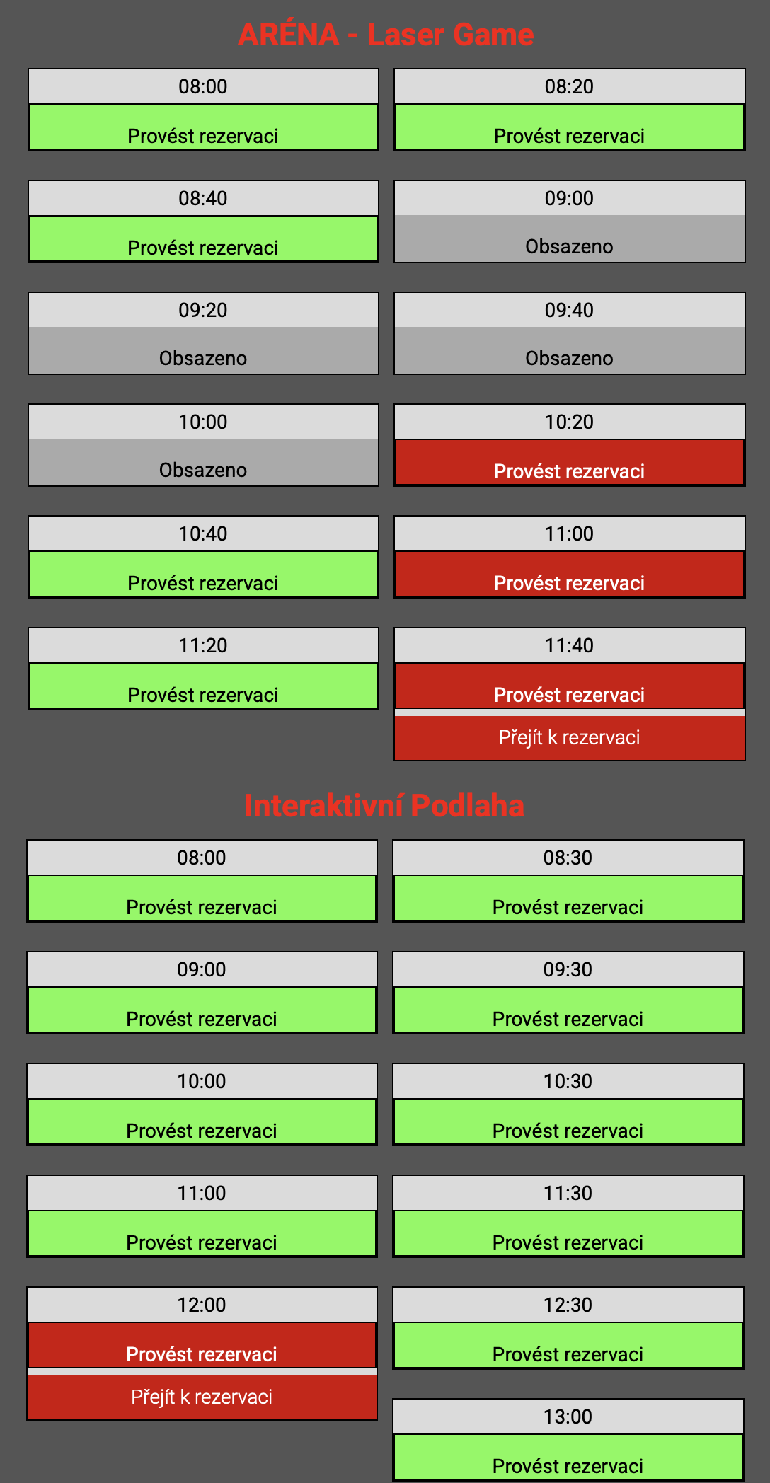 Ukázka výběru časů rezervace pro Balíček 7