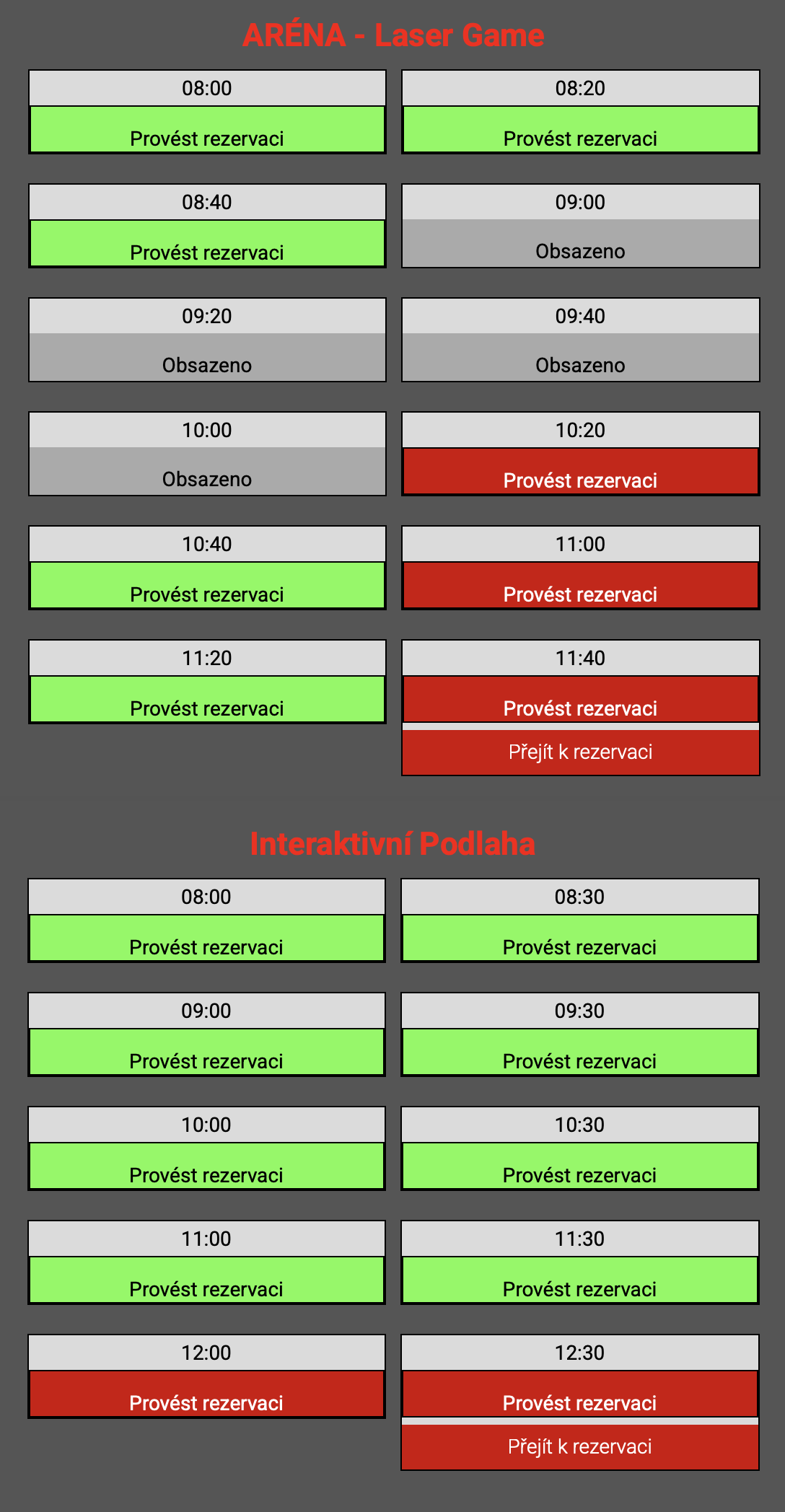 Ukázka výběru časů rezervace pro Balíček 8